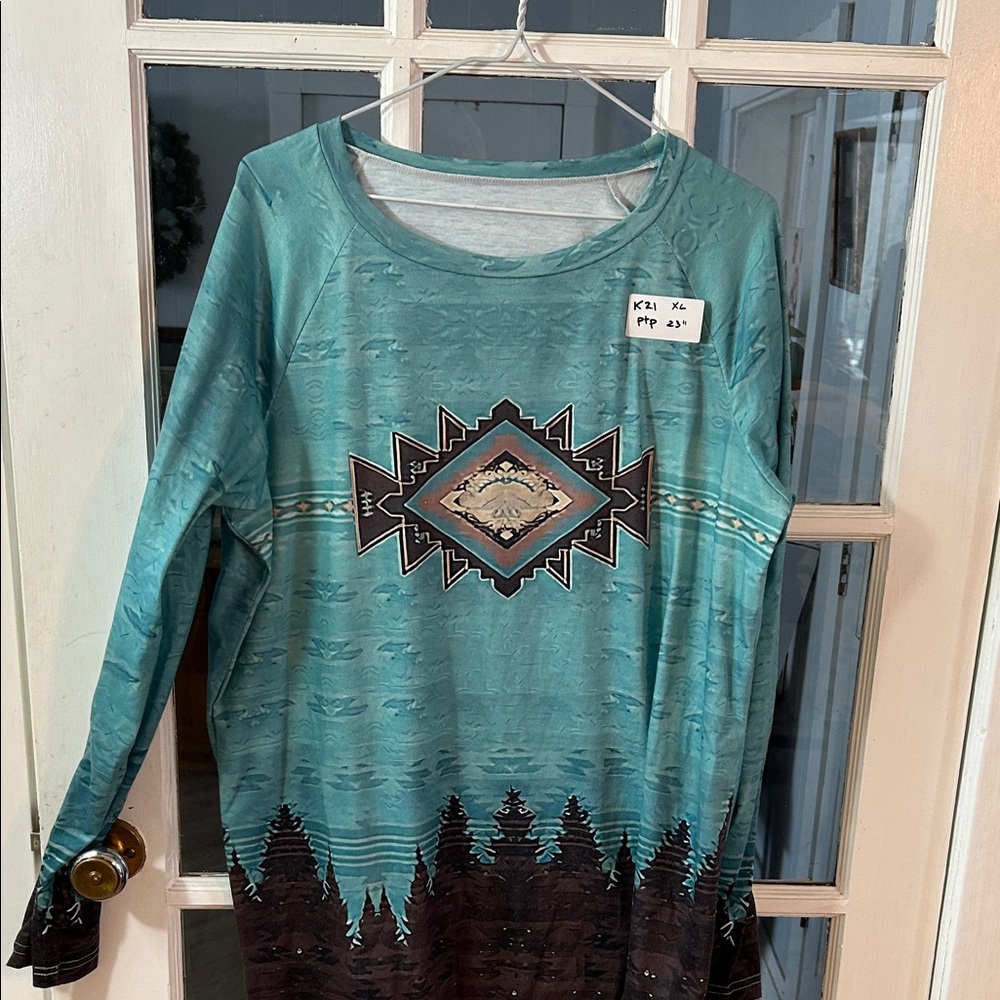 K21. Amazon Teal and Brown Tunic Top